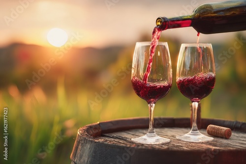 Wallpaper Mural Sunset vineyard scene; red wine poured into glasses on a barrel Torontodigital.ca