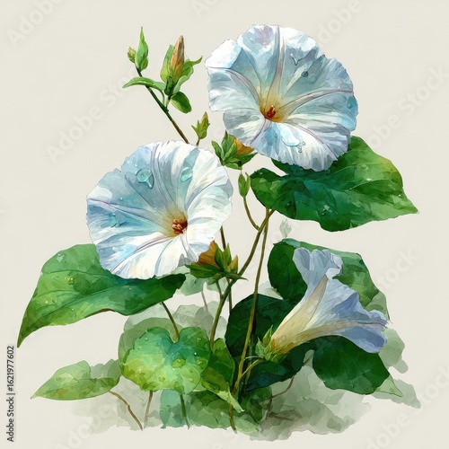 Wallpaper Mural Delicate watercolor painting of three pale blue morning glories with dew drops Torontodigital.ca