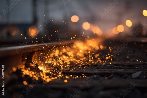 Wallpaper Mural Glowing embers and sparks scatter along a blurred railroad track at twilight Torontodigital.ca