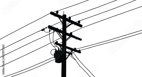 Electric power pole with multiple cables and transformer unit, black silhouette, utility distribution lines, high voltage system, vector illustration