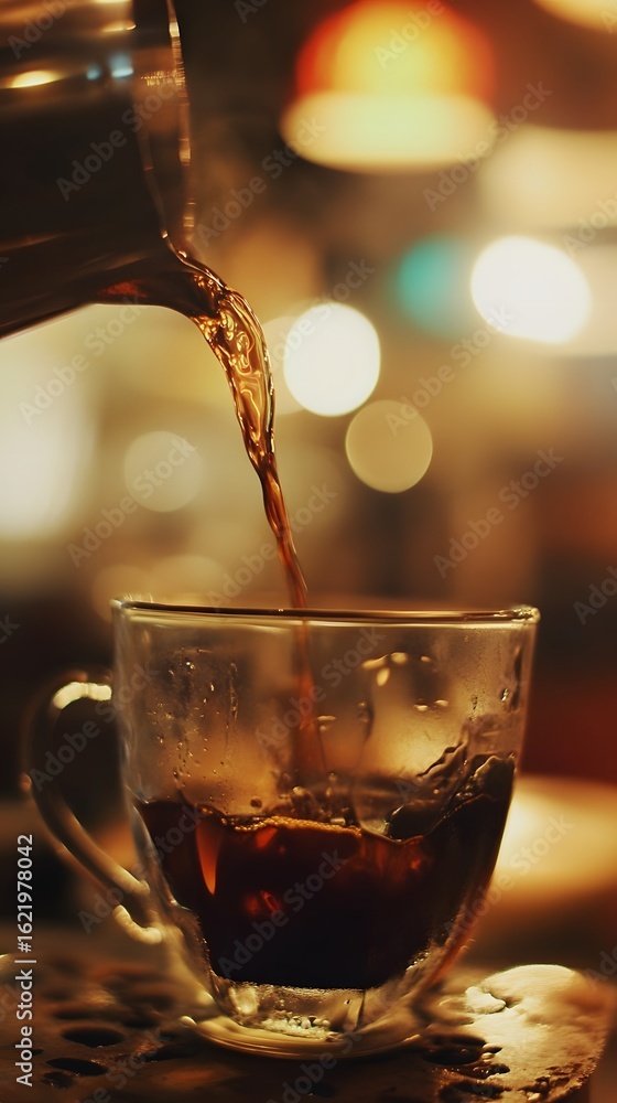Fototapeta premium Warm coffee pouring into a glass cup in a cozy café setting.