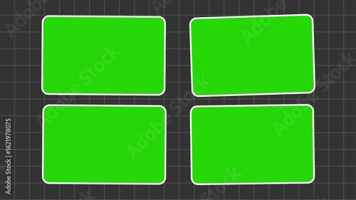 Flat animated illustration of four curved UI boxes, perfect for video bumpers, transitions, openers, or modern user interface design elements in tech or digital media