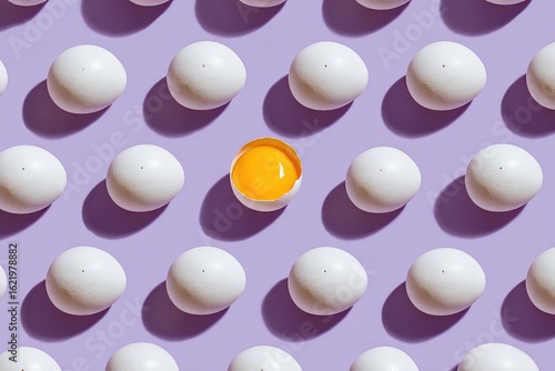 Wallpaper Mural A single cracked egg yolk among whole eggs arranged in a grid pattern on a purple background Torontodigital.ca