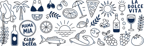 Mama Mia Italian Doodle Art, Pizza Slice, Wine Glass, Palm Tree, Bikini, Lemon, Coffee Cup, Sunset, Ciao Bella, La Dolce Vita Theme