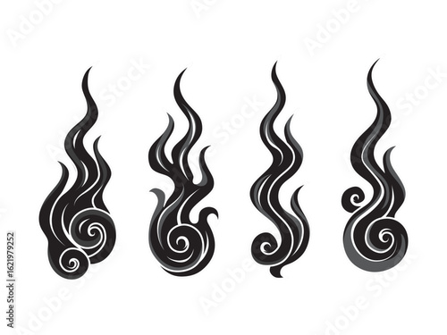 Japanese style black flame illustration, Fire flame ignite collection set vector clip art element isolated design editable