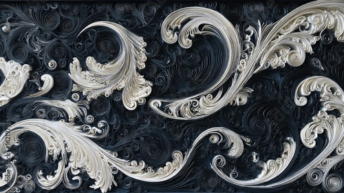 Intricate paper filigree art, swirling design, dark background, wall decor