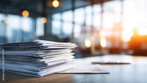 High stack of papers on a desk in a sunlit office