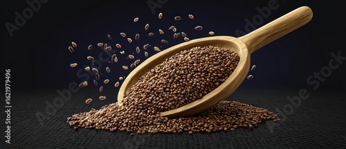 Wooden spoon filled with seeds spilling