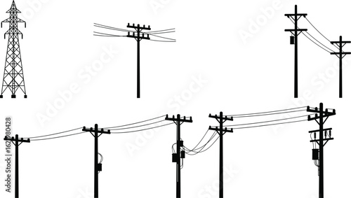 Electric utility poles, transmission tower, power lines vector, energy infrastructure drawing, black silhouette, cad blueprint, electrical supply system design illustration