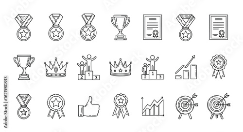 Award symbols trophy certificate medal crown podium thumbs up targets graph vector