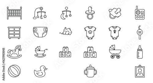 Baby items crib mobile pacifier diaper clothes rocking horse stroller bottle blocks ball duck picture