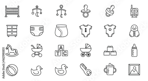 Baby items collection including crib mobile and clothing baby crib pacifier