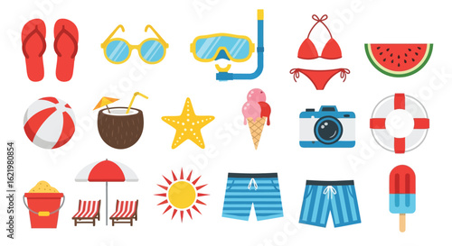 Beach vacation essentials including swimwear and summer treats flip flops