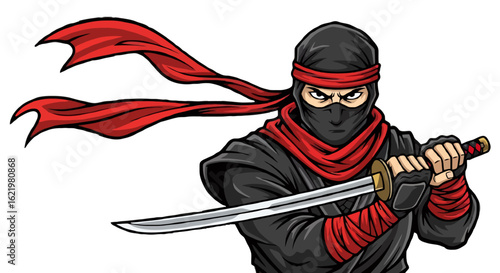 Fierce ninja warrior mascot in black uniform with red scarf, holding a katana sword. Vector illustration of a Japanese assassin character.