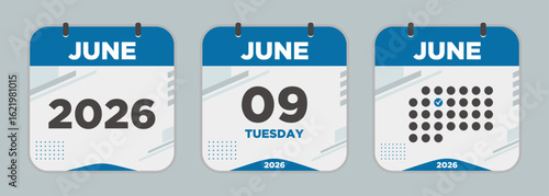 Modern Calendar icon. June. 2026 9 day. The concept of waiting for an important date. Day calendar with date June 9. Cheklist day calendar. Vector illustration