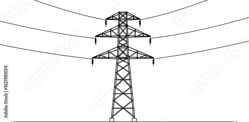 Electricity transmission tower, power distribution line, steel lattice pylon structure, utility pole, black outline drawing, cad vector, engineering transmission tower, power distribution line