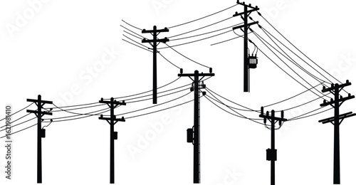 Electric utility poles, power line drawing, overhead electrical cable, black silhouette illustration, transformer equipment, cad vector, street distribution system