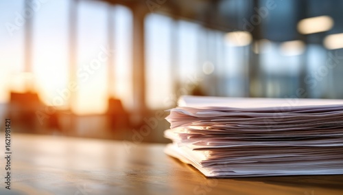 High stack of papers sits on a wooden desk, sunlit background