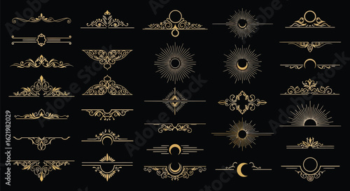 Golden decorative ornaments and celestial elements vector