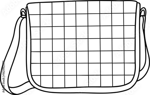Adjustable strap shoulder bag with front flap grid design, minimal line art, fashion vector sketch, CAD drawing flat illustration