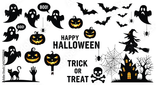 Halloween characters and symbols spooky haunted house bats ghosts pumpkins witch vector