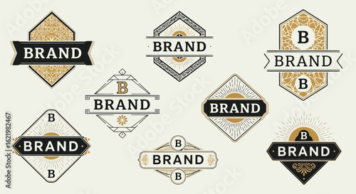 Ornate geometric emblems with sunbursts and decorative patterns logo brand