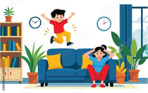 Playful Kid Jumping on Sofa While Tired Mother Struggles with Parenting Stress