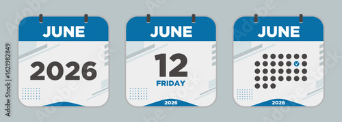 Modern Calendar icon. June. 2026 12 day. The concept of waiting for an important date. Day calendar with date June 12. Cheklist day calendar. Vector illustration