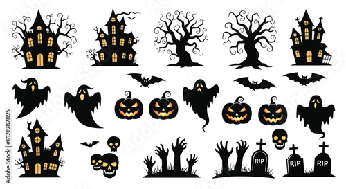 Spooky Halloween Icons Featuring Haunted Houses Ghosts Bats Pumpkins Skulls and Graveyards vector