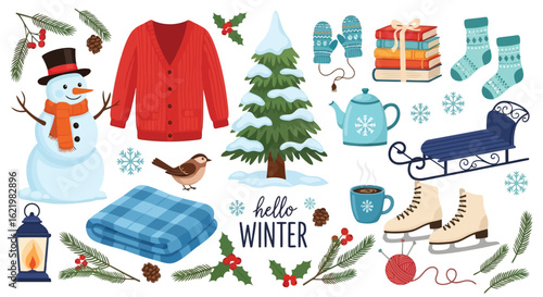 Snowman with scarf and hat cozy winter elements tree red cardigan