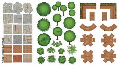 Various garden elements including paving stones trees benches and tables stone tiles brick patterns