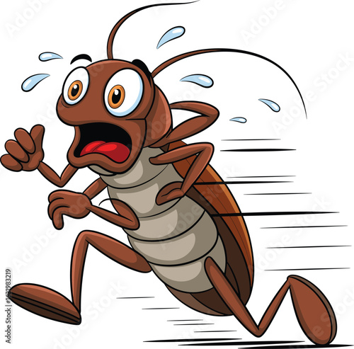 Funny cartoon cockroach running scared with wide eyes, sweat drops, fast motion lines, dramatic insect illustration, panic expression, humorous bug art, isolated design