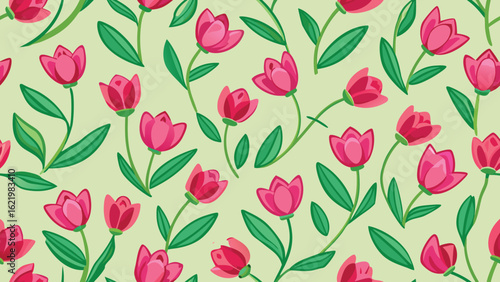 Wallpaper Mural Seamless pattern of vibrant pink tulips and green leaves on a white background
 Torontodigital.ca