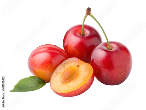 Fresh ripe cherries and a sliced plum with a green leaf