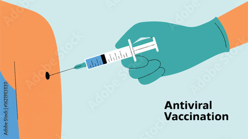 Minimalist illustration of a gloved hand administering an injection into an arm with text Antiviral Vaccination