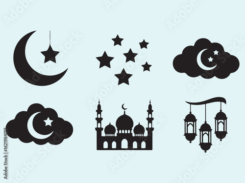 Islamic Symbols Crescent Moon Stars Mosque Lanterns