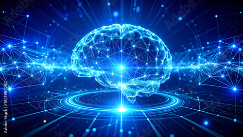 Luminous digital brain at the center of a complex neural network, illustrating concepts of artificial intelligence and futuristic data.