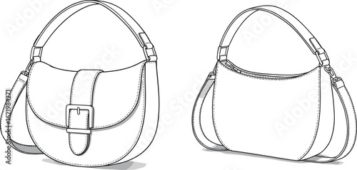 Handbag technical drawing front and back view, structured leather purse with flap, strap, stitching details, buckle closure, fashion accessory sketch, isolated outline