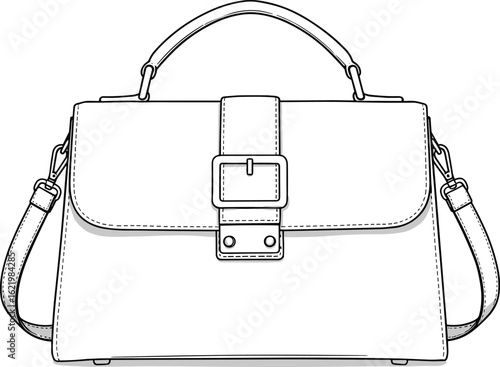 Handbag line drawing, fashion accessory sketch, leather purse illustration, detailed bag design, stylish shoulder bag art, realistic buckle, product mockup, fashion concept image