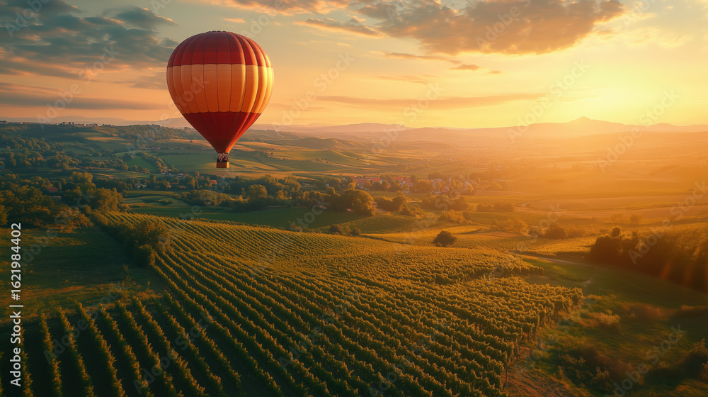 Obraz premium a hot air balloon flying over scenic valleys and vineyards during golden hour