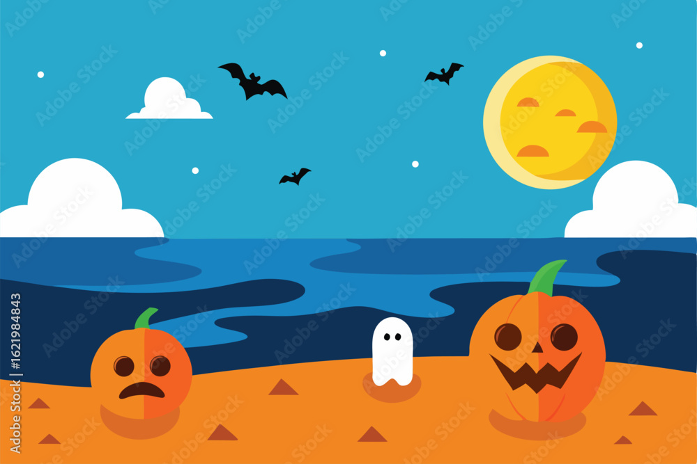 Fototapeta premium pumpkins and ghosts on the shore (1).eps