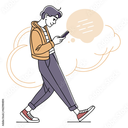 Young Man Walking and Texting on Smartphone, Line Art Illustration, Casual Style, Mobile Phone Use, Modern Design