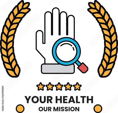 A hand with a magnifying glass is on a white background with a crown of laurels