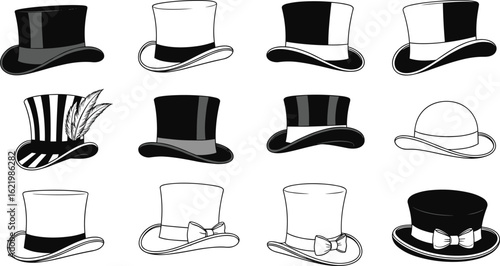 Set of vintage top hats and formal gentleman hats in black and white style, vector illustration for fashion and costume design.