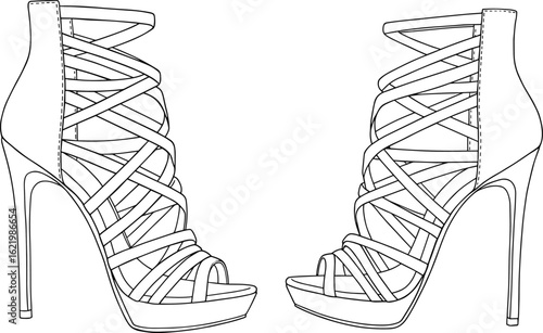 heel, stiletto, shoe, boot, fashion, footwear, platform, lace, strap, stylish, ankle, design, sketch, CAD, vector, platform heel, ankle boot, stiletto shoe, crisscross strap, 