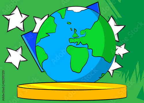 Comic Book Product podium stage for mockup presentation with planet Earth. Retro comics background.