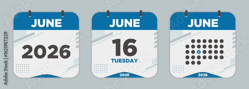 Modern Calendar icon. June. 2026 16 day. The concept of waiting for an important date. Day calendar with date June 16. Cheklist day calendar. Vector illustration