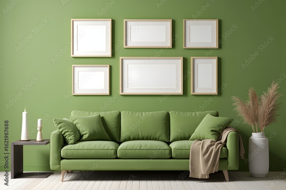 Green Living Room with Frames and Modern Decor Green Living Room with Frames and Modern Decor