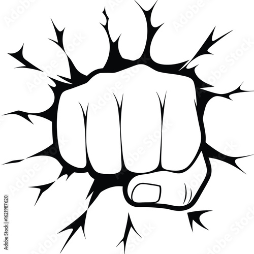 Black fist breaking through a white background with sharp jagged edges hand punch