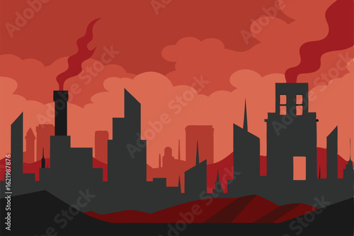 dystopian ruined city with smoke  .eps